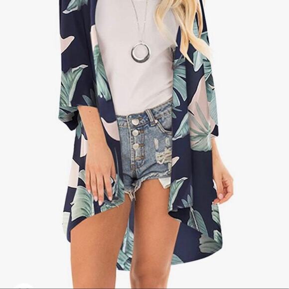 PinkMStyle Boutique colorful Floral Kimono Sheer Chiffon coverup top medium NWOT - Picture 1 of 6